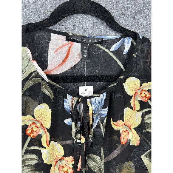 NEW White House Black Market Black Floral Blouse MED Sheer Lined Balloon Sleeve - Picture 12 of 13